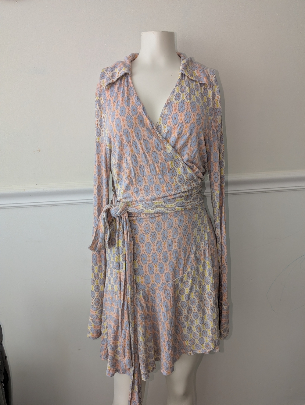 Free People Rhetta Long Sleeve Wrap Dress in Light Combo